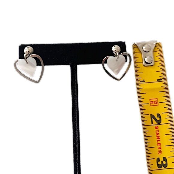 Dainty Mother of Pearl Heart Earrings Silver Tone Romantic Drop Dangle Pearlcore - Picture 2 of 14